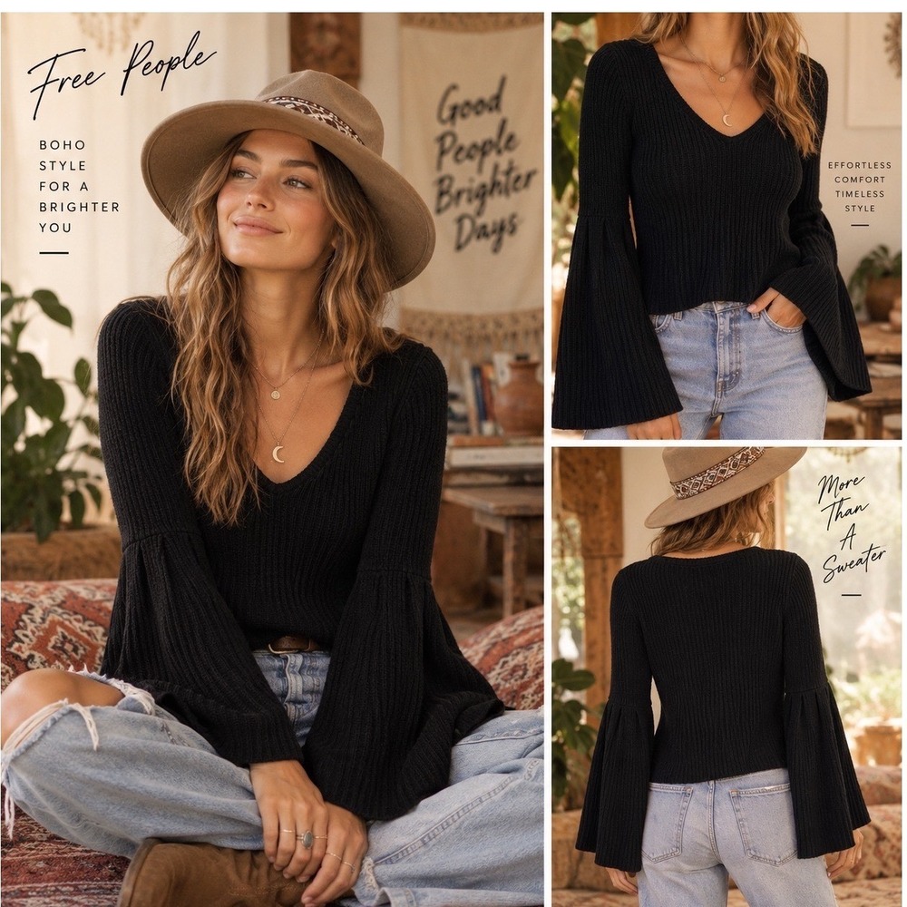 Free People Black Ribbed V-Neck Bell Sleeve Cotton Knit Sweater Large OB607548